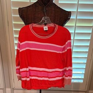 CAbi Red and Pink Striped Crew Neck Sweater
